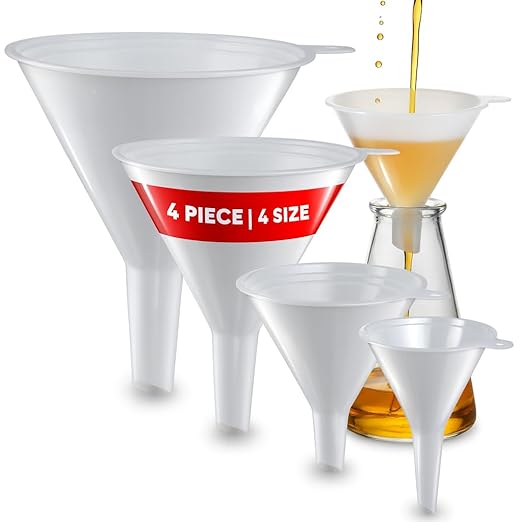 Plastic Funnel for Automotive Use - Kitchen Funnels for Filling Bottles, Jars, Containers or Lab Use - Oil Funnel for Gas, Car Oil, Lubricants and Fluids (White-4 Pack) by Unknown