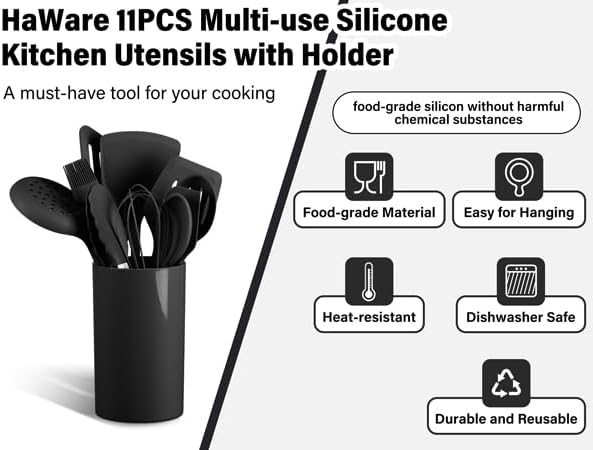 HaWare 11 PCS Silicone Cooking Utensils Set, Heat Resistant Kitchen Utensils with Holder, Food-grade Spatula Sets for Nonstick Cookware, Kitchen Tools Gadgets Include Fish Turner, Spoon (Black) - Image 3
