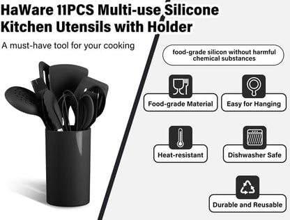 HaWare 11 PCS Silicone Cooking Utensils Set, Heat Resistant Kitchen Utensils with Holder, Food-grade Spatula Sets for Nonstick Cookware, Kitchen Tools Gadgets Include Fish Turner, Spoon (Black) - Image 3