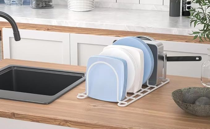 JAQ Plate Rack for Cabinet, 10.5" Vertical Dish Organizer for Plates, Pot Lids, Cutting Boards & Baking Sheets, Metal Kitchen Cabinet Organizer for Pantry Countertop (2-Pack, White) - Image 7