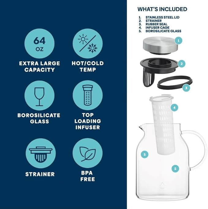 Infusion Pro Glass Fruit Infuser Water Pitcher, Heat Resistant for Hot/Cold Use, Great Iced Tea Pitcher | Tranquil Collection, 2 Qt