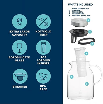 Infusion Pro Glass Fruit Infuser Water Pitcher, Heat Resistant for Hot/Cold Use, Great Iced Tea Pitcher | Tranquil Collection, 2 Qt