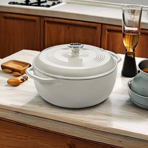 Lodge 3 Quart Enameled Cast Iron Dutch Oven with Lid – Dual Handles – Oven Safe up to 500° F or on Stovetop - Use to Marinate, Cook, Bake, Refrigerate and Serve – Oyster White - Image 5