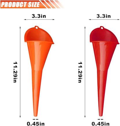 2PCS Long Neck Oil Funnels, Multi-Purpose Spill Saver Funnel, Plastic Funnel for Filling Automotive Oils Lubricants Engine Oils Water Diesel Fuel Kerosene and Other Liquids (1 Red + 1 Orange)