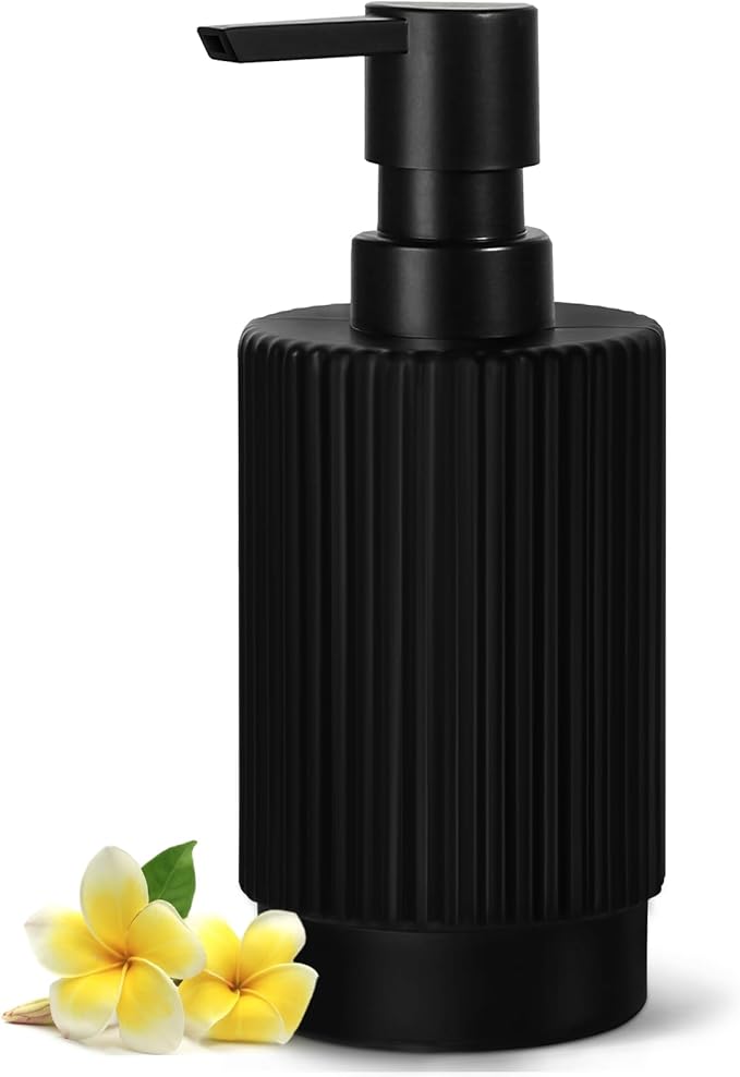 VIMERPA Black Soap Dispenser, 11 fl oz Hand Soap Dispensers for Bathroom, Matte Black Ribbed Glass Dish Soap Dispenser for Kitchen with Pump, Modern Refillable Liquid Soap Pump Bottle