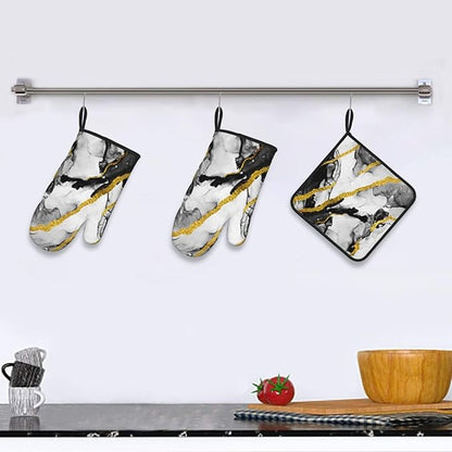 Black White Marble with Gold Stripes Oven Mitts and Pot Holders Set of 3, Non-Slip Heat Resistant Modern Abstract Art Hot Pads Kitchen Gloves for Cooking Grilling Baking, Gifts for Women, Home Decor