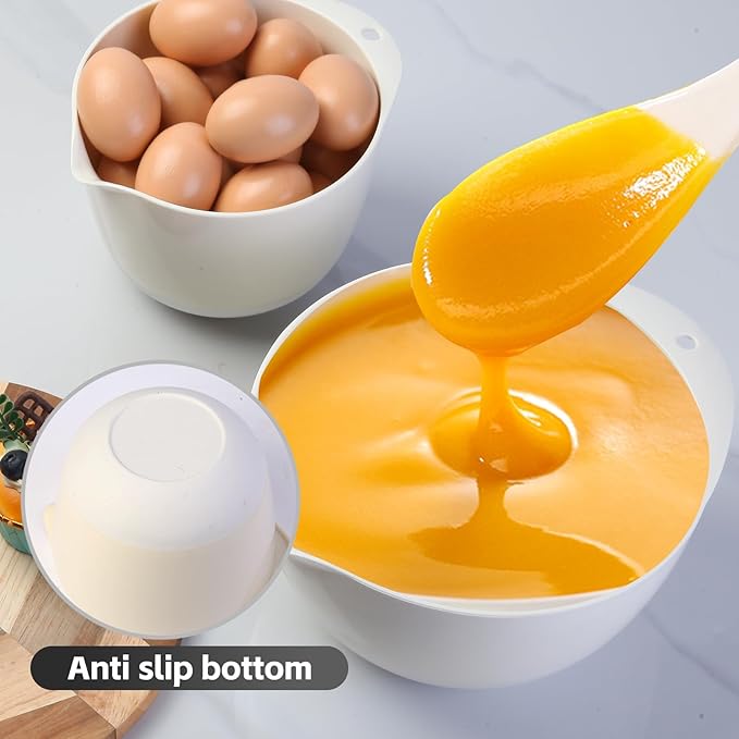 3 Plastic Mixing Bowls with Pour Spout,Lids and TPR Non-Slip Bottom,Small Nesting Batter Bowl Set for Kitchen Prep,Baking,Storage,BPA Free,Easy to Grip,1.5Qt,2Qt,3Qt,White