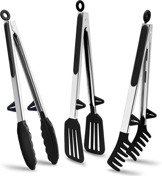 Tongs for Cooking, 12" Kitchen Tongs with Silicone Tips, Food Grade Serving Tongs Set of 3, Black by TOWINGO