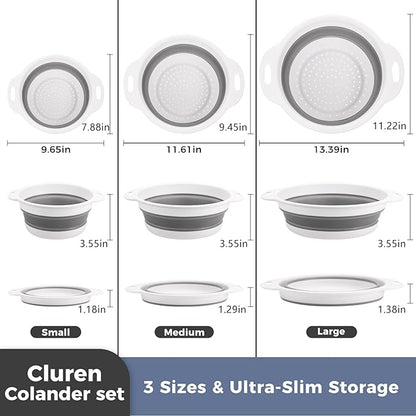 Collapsible Colander Set with Oversized Draining Tray | 3-Pack Foldable Kitchen Strainers + Base | Space Saving for Pasta, Veggies, Fruit & Rice | 5 Colors (Gray-White) - Image 3