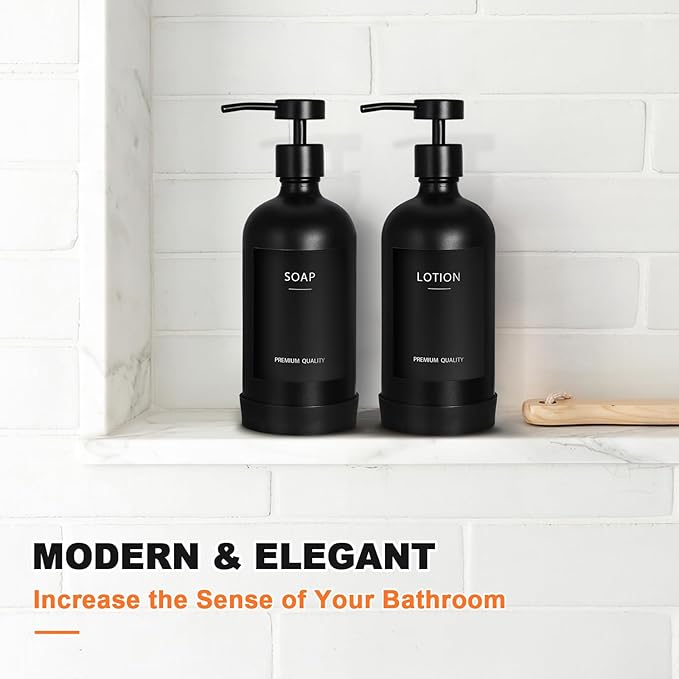 Black Glass Soap Dispenser with Stainless Steel Pump, 16.9 Fl oz Soap Dispenser Set for Kitchen, Matte Black Hand Dish Soap Dispensers for Kitchen and Bathroom, Lotion Dispenser Bathroom Decor - Image 7