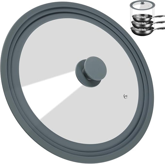 Universal Lid for Pots, Pans, and Skillets - Silicone Replacement Pan Lid - Tempered Glass Pot Lid Cover for Frying Pans, Cast Iron, CrockPot (10-11-12 inch)