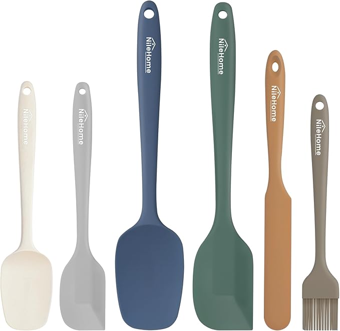 NileHome Silicone Spatula Set, 6 Pieces Food Grade Kitchen Utensils with Silicone Brush Heat Resistant Dishwasher Safe BPA-Free Rubber Spatula for Scraping, Baking, Cooking, Mixing-Forest Style by NileHome