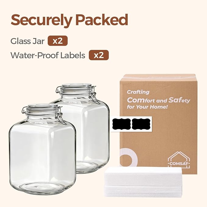 ComSaf Set of 2 Square Glass Jars, 1.1 Gallon (4L) Large Airtight Canisters for Bulk Food Storage, Flour, Rice, Fermenting, Wide Mouth, Space Saving - Image 7