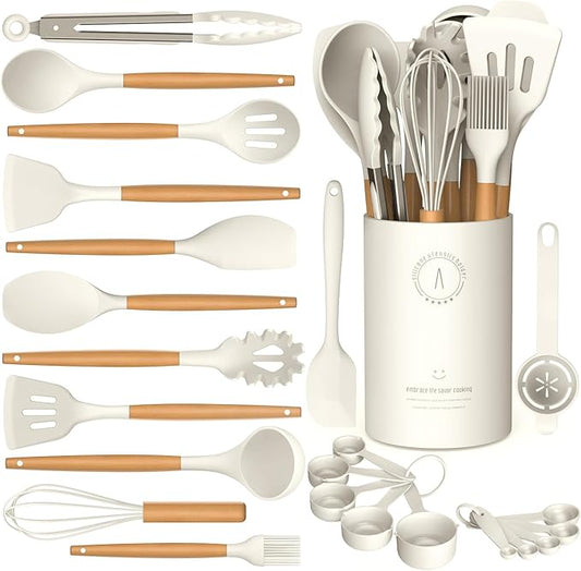 AVGPD Silicone Cooking Utensils Set, Silicone Utensils for Cooking, 446° Heat Resistant Kitchen Utensil Silicone Spatula Sets, Kitchen Gadgets for Non-Stick Cookware BPA FREE (Cream White) by AVGPD