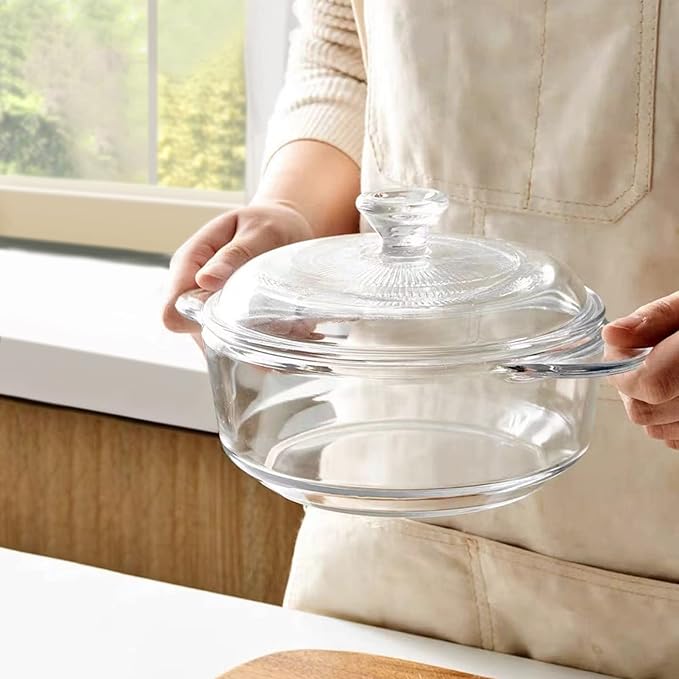 Clear Round Glass Casserole with Lid, Baking Dish with Glass Cover, Oven, Freezer and Dishwasher Safe (1-Quart Round)