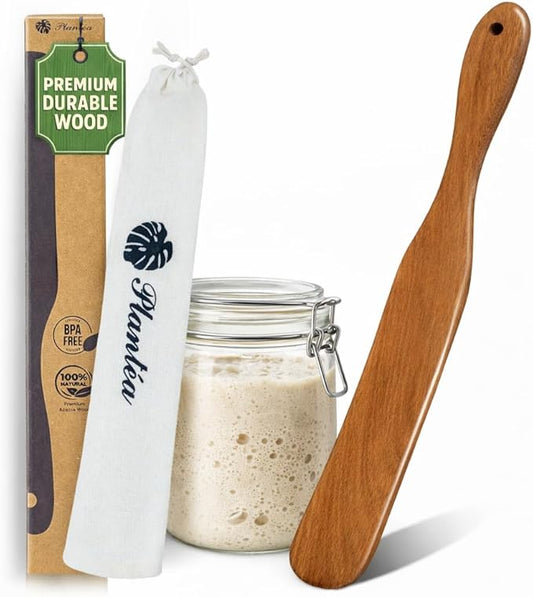 Skinny Spurtle for Sourdough Starter, Reaching Bottom of Jar Wooden Spurtle for Mixing, Acacia Wood Dough Whisk, Sourdough Bread Baking Supplies