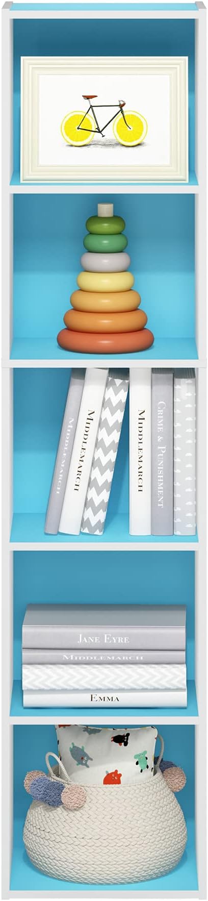 Furinno PASIR Book Shelf, 5-Tier Modern Bookshelf, Open Shelves Bookcase 9 x 12 x 52, Easy Assembly, for Living Room, Bedroom, Home Office, Light Blue/White - Image 6