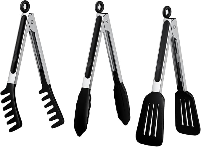 HST Tongs for Cooking with Silicone Tips(3 Pack), Non Stick Kitchen Tongs with Silicone Tip for Cooking BBQ Baking (12", Black) by HST