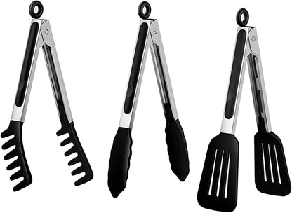 HST Tongs for Cooking with Silicone Tips(3 Pack), Non Stick Kitchen Tongs with Silicone Tip for Cooking BBQ Baking (12", Black) by HST