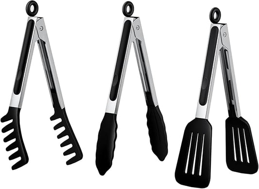 HST Tongs for Cooking with Silicone Tips(3 Pack), Non Stick Kitchen Tongs with Silicone Tip for Cooking BBQ Baking (12", Black) by HST
