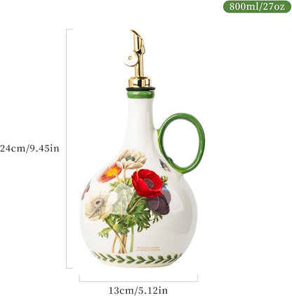 Ceramic Olive Oil Dispenser, 27 oz Floral Pattern Cruet with Auto-Close Spout, 9.45" Tall, Decorative Oil and Vinegar Bottle (Papaver rhoeas)