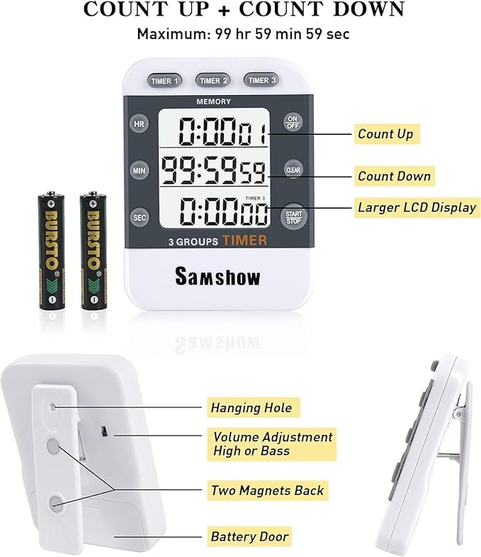 (2 Pack) Digital Kitchen Timers for Cooking Triple Timer Count UP/Down Dual Timer Large LCD Display, Adjustable Volume Loud Alarm, Magnetic Stopwatch, Battery Included White - Image 6