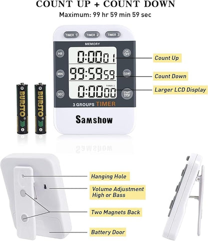 (2 Pack) Digital Kitchen Timers for Cooking Triple Timer Count UP/Down Dual Timer Large LCD Display, Adjustable Volume Loud Alarm, Magnetic Stopwatch, Battery Included White - Image 6