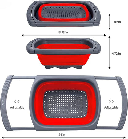 Collapsible Colander Strainer with Extendable Handles - Over the Sink Vegetable/Fruit Colanders Strainers for Kitchen, Capacity of 6 quart (Red)