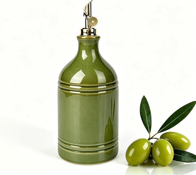 Ceramic Olive Oil Dispenser Bottle for Kitchen with Gold Gravity Spout, Large Capacity 23.6oz/700ml Oil Container, Suitable for Storage Olive Oil, Vinegar, Soy Sauce, Lemon Juice(Green)