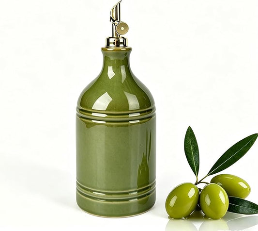 Ceramic Olive Oil Dispenser Bottle for Kitchen with Gold Gravity Spout, Large Capacity 23.6oz/700ml Oil Container, Suitable for Storage Olive Oil, Vinegar, Soy Sauce, Lemon Juice(Green)