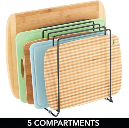 mDesign Pot Lid and Pan Rack — Metal Wire Rack for Cabinets, Pantries or Kitchen Surfaces — Freestanding Pan Stand with 5 Slots for Pans, Pots, Lids and Crockery — Black - Image 3