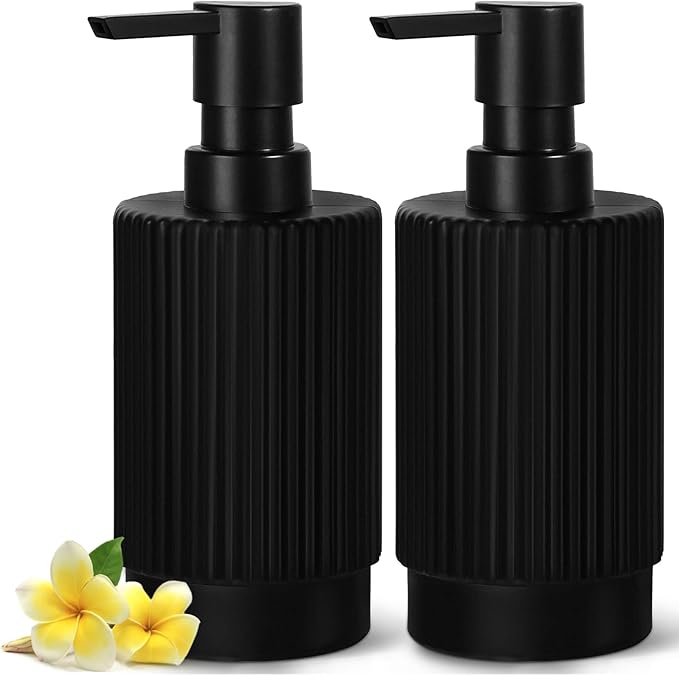 VIMERPA Hand and Dish Soap Dispenser Set for Kitchen, 2 Pack 11 fl oz Matte Black Ribbed Glass Soap and Lotion Dispensers Sets with Pump for Bathroom, Modern Refillable Liquid Soap Pump Bottle