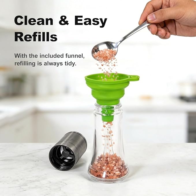 Aelga Salt Grinder with Silicone Funnel - 4oz Glass Manual Mills with Adjustable Ceramic Core, Refillable Kitchen Gadget - Image 2
