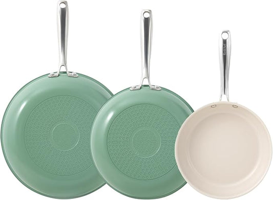 Redchef Non Stick Ceramic Frying Pan Set, Non Toxic Ceramic Pans for Cooking, 8" 9.5" 11" Skillet Set, No PFAS & PTFE & PFOA with Stainless Steel Handle, Dishwasher & Oven Safe Max up to 842°F (Green) by Redchef