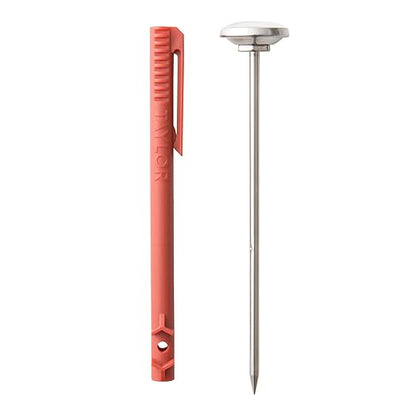 Taylor Instant Read Analog Meat Food Grill BBQ Cooking Kitchen Thermometer with Red Pocket Sleeve for Calibration, 1 inch dial, Stainless Steel
