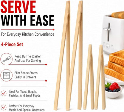 HIC Kitchen Toast Tong Set, Natural Bamboo, 4-Piece Set, Includes 2 Each 6.5 and 12-Inch Tongs