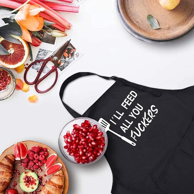 Rosoz Funny Black Chef Aprons for Men Adjustable BBQ Grill Kitchen Cooking Aprons with Pockets, Grill Accessories