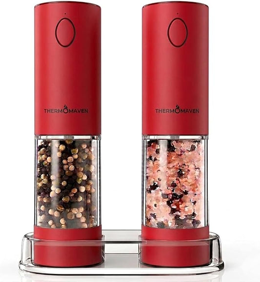 ThermoMaven Electric Salt and Pepper Grinder Set, 110ml Larger Rechargeable Automatic Salt and Pepper Mill Grinder with 6 Adjustable Coarseness, Electric Salt and Pepper Shakers, LED, 2 Packs, Red by ThermoMaven