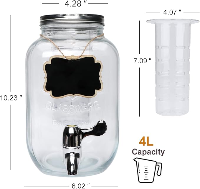 1-Gallon Glass Beverage Dispenser,Accguan Drink Dispenser with Tin Lid and Leak Free Spigot,Black Iron Frame,Mason Drink Dispenser for Parties, Picnics, Barbecues and Daily,2 pack