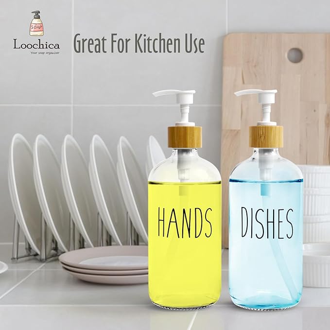 LOOCHICA 2 Pack Clear Glass Soap Dispenser with Plastic Pump, Transparent Dish and Hand Soap Dispenser Set, Refillable Reusable Apothecary Soap Pump Dispenser Bottles for Bathroom and Kitchen - Image 6