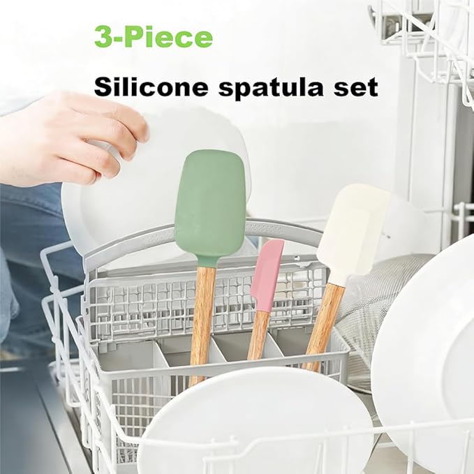 3PCS Silicone Spatula Wooden Handle Set, Heat Resistant Silicone Spatula, Spatulas Silicone Heat Resistant Wood, Rubber Spatula for Baking Non-Stick Cooking Mixing, Beige & Green & Pink