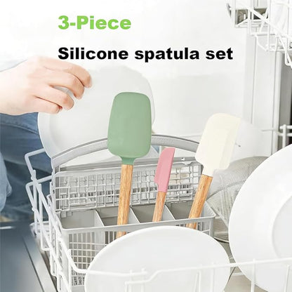 3PCS Silicone Spatula Wooden Handle Set, Heat Resistant Silicone Spatula, Spatulas Silicone Heat Resistant Wood, Rubber Spatula for Baking Non-Stick Cooking Mixing, Beige & Green & Pink