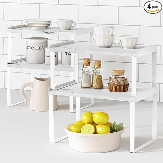 Goozii White Marble Kitchen Counter Shelf Organizer, Modern Dish Plate Organizer for Cabinet Space Saver, Small Wood Stackable 2 Tier Office Desktop Shelf Risers for Books Monitor - Set of 4