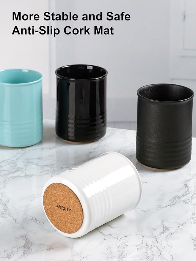 ABRUTY Utensil Holder, 6.7" Ceramic Kitchen Utensil Crock for Countertop Cooking, Modern Utensil Caddy Jar Organizer for Farmhouse Kitchen Counter Décor, Textured Black - Image 3