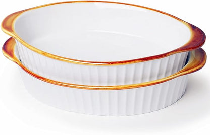 LEETOYI Porcelain Small Oval Au Gratin Pans, Baking Dish Set for 1 or 2 person servings, Bakeware with Double Handle for Kitchen and Home, Set of 2 (White/Brown) by LEETOYI