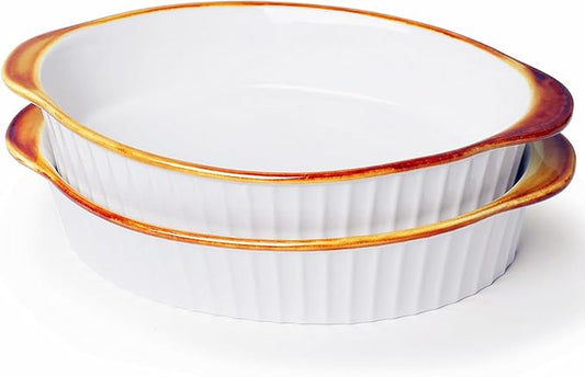 LEETOYI Porcelain Small Oval Au Gratin Pans, Baking Dish Set for 1 or 2 person servings, Bakeware with Double Handle for Kitchen and Home, Set of 2 (White/Brown) by LEETOYI