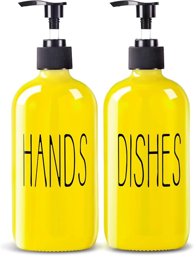 COHOSEGE Glass Soap Dispenser Set 2 Pack,16 Oz Dish Soap Dispenser for Kitchen Sink,Lemon Kitchen Decor and Accessories,Yellow Decorations and Kitchen Utensils for Kitchen by COHOSEGE