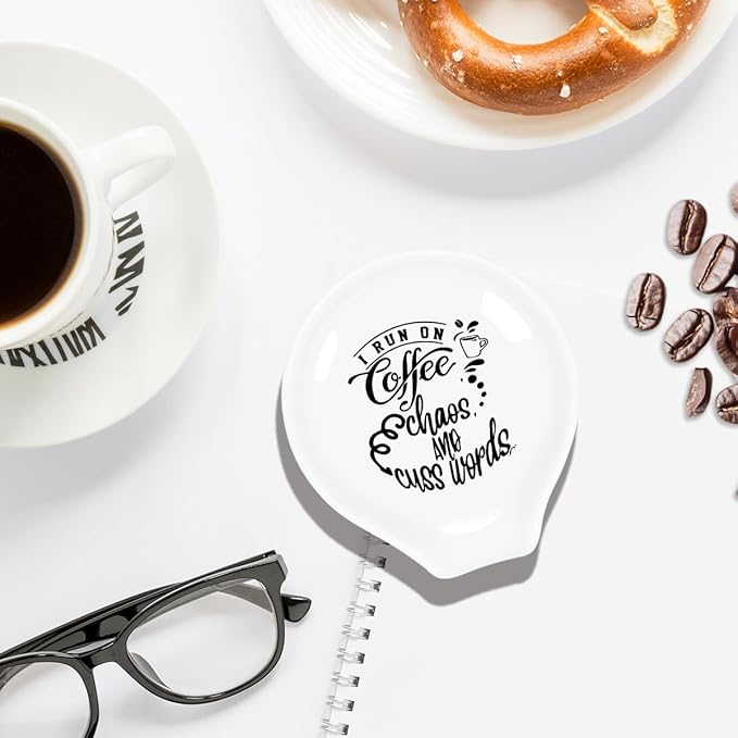 Funny Coffee Spoon Holder-Coffee Spoon Rest-Cafe Bar Station Accessories-I Run On Coffee Chaos & Cuss Sign