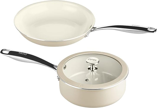 Pyrex 3-Piece Ceramic Cookware Fry Pan & Saucepan Set with Lid & Stainless Steel Handles, Healthy Nonstick Ceramic Coating, Induction Compatible Stainless Steel, PFAS Lead Cadmium BPA Free
