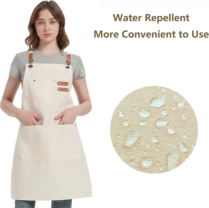 AFUN Chef Aprons for Women Men with Oversized Pockets, 12-Ounce Cotton Canvas Cross Back Water Repellent Apron (Cream) - Image 3